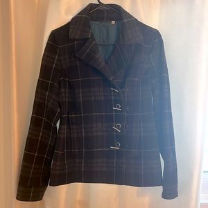 WOMENS SMALL IBEX Black/Blue plaid Pea coat